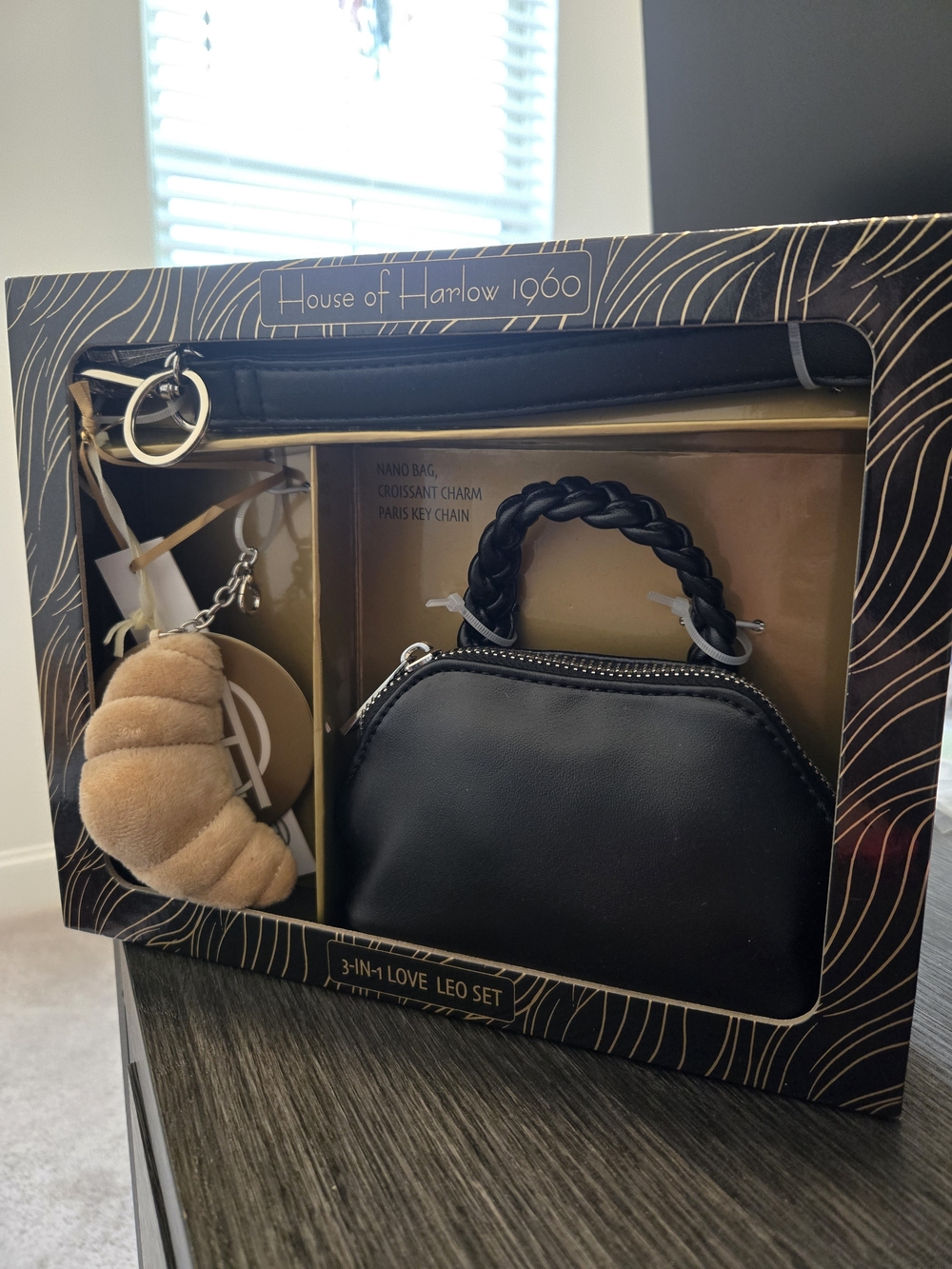 House of Harlow 1960 Black Mini Bag with Braided Handle & Tan Croissant Charm